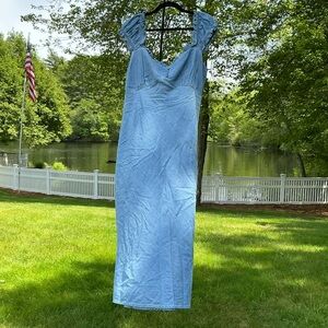 Gap Denim Maxi Flowing Sweetheart Neck Ruffled Wide Straps Light Washed Dress